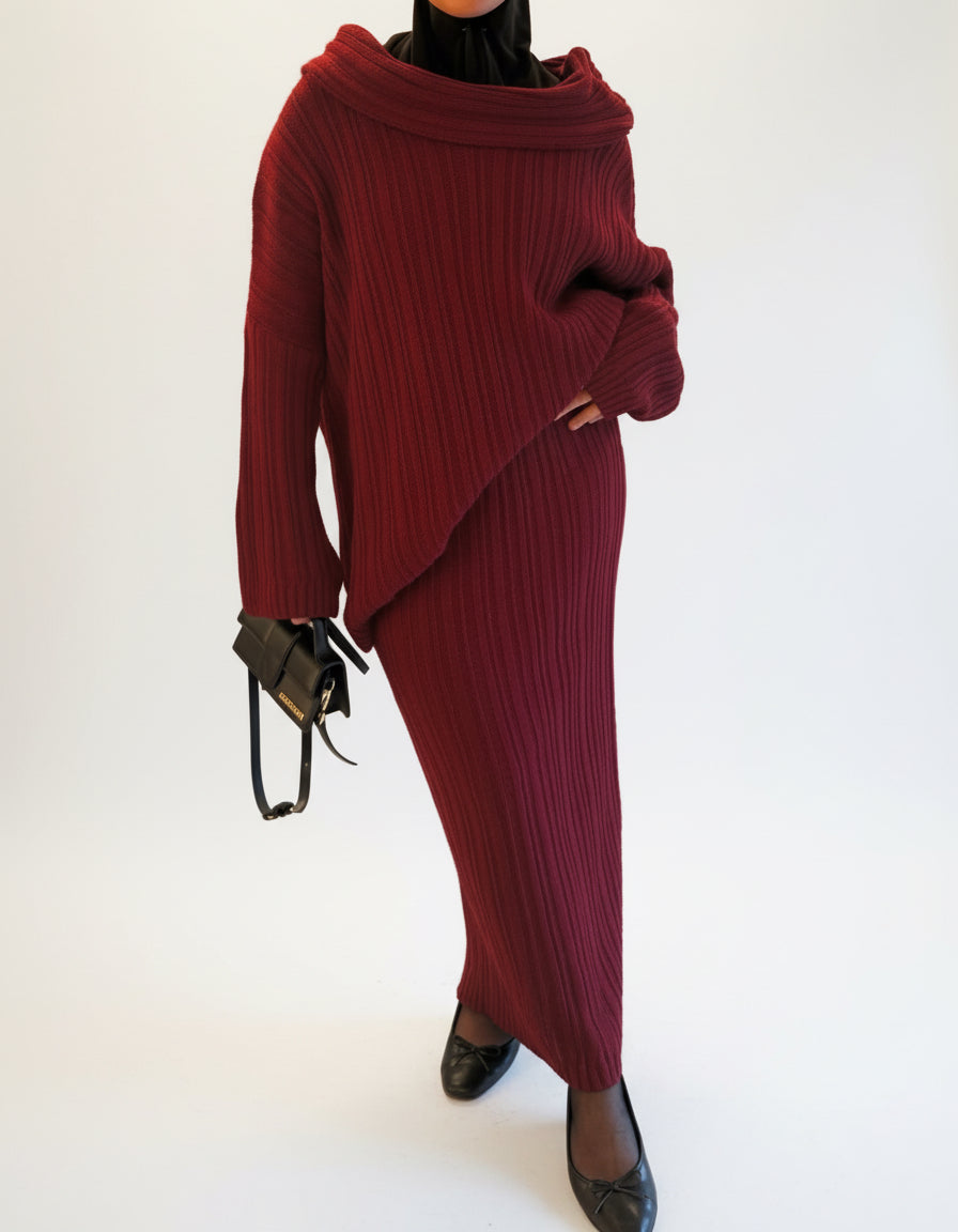 Conjunto de punto: Cuello barco + Falda Borgoña