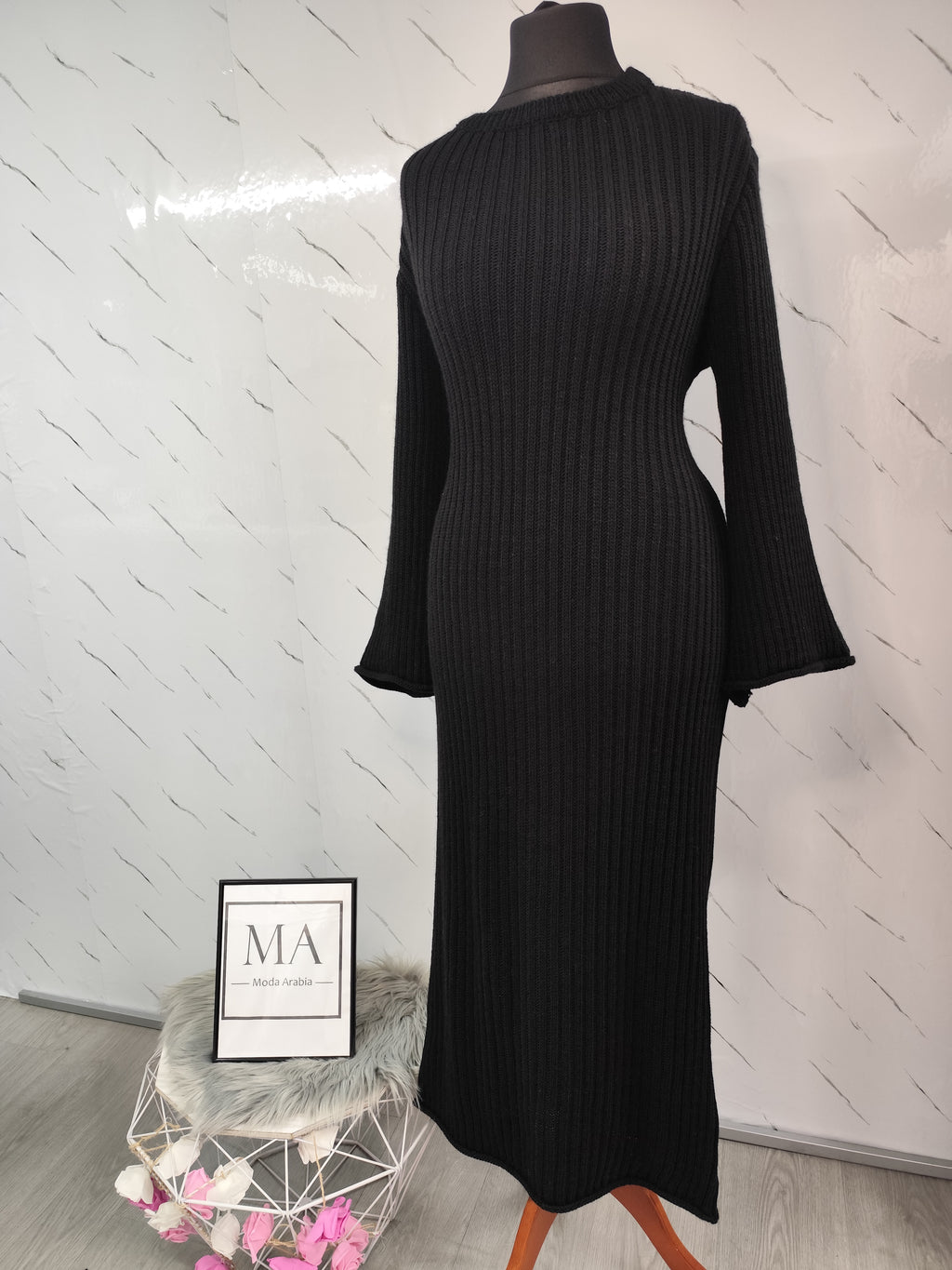 Vestido de punto con cordón en la espalda Negro