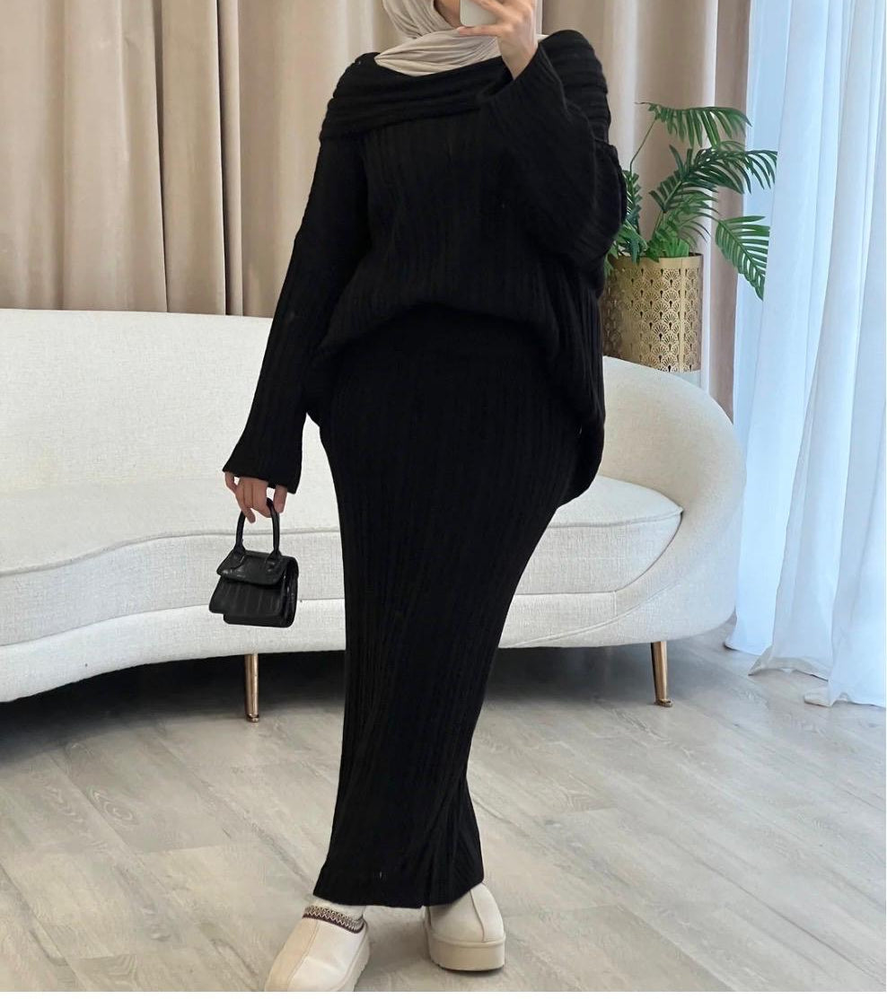 Conjunto de punto: Cuello barco + Falda Negro