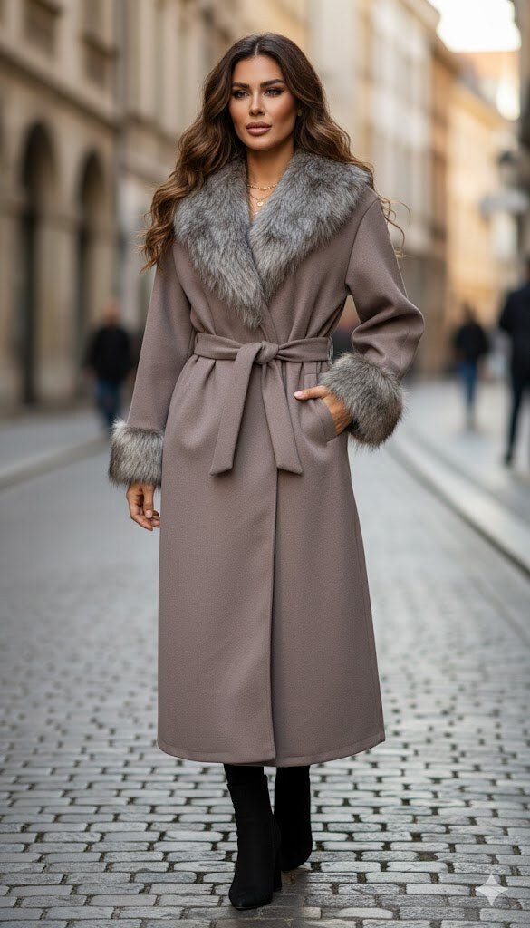 Abrigo largo con cuello y puños de pelo