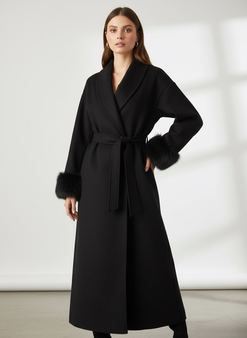 Abrigo largo con puños de pelo Negro